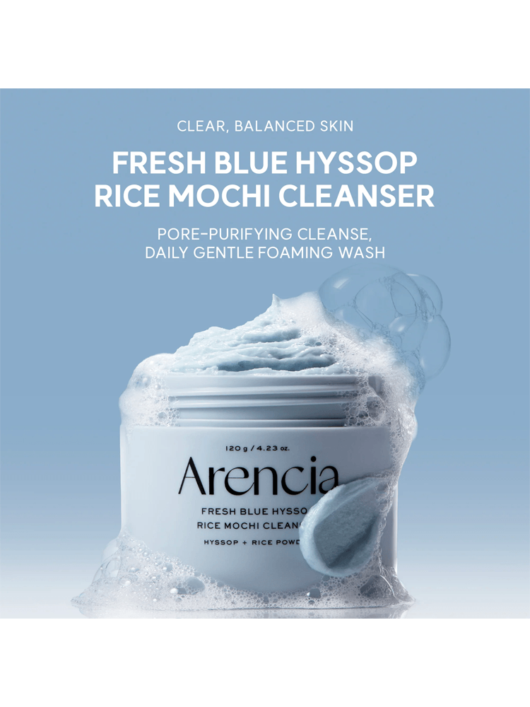 ARENCIA Blue Hyssop Rice Mochi Cleanser in a foamy wash for clear, balanced skin, promoting pore-purifying cleanse and gentle daily use.