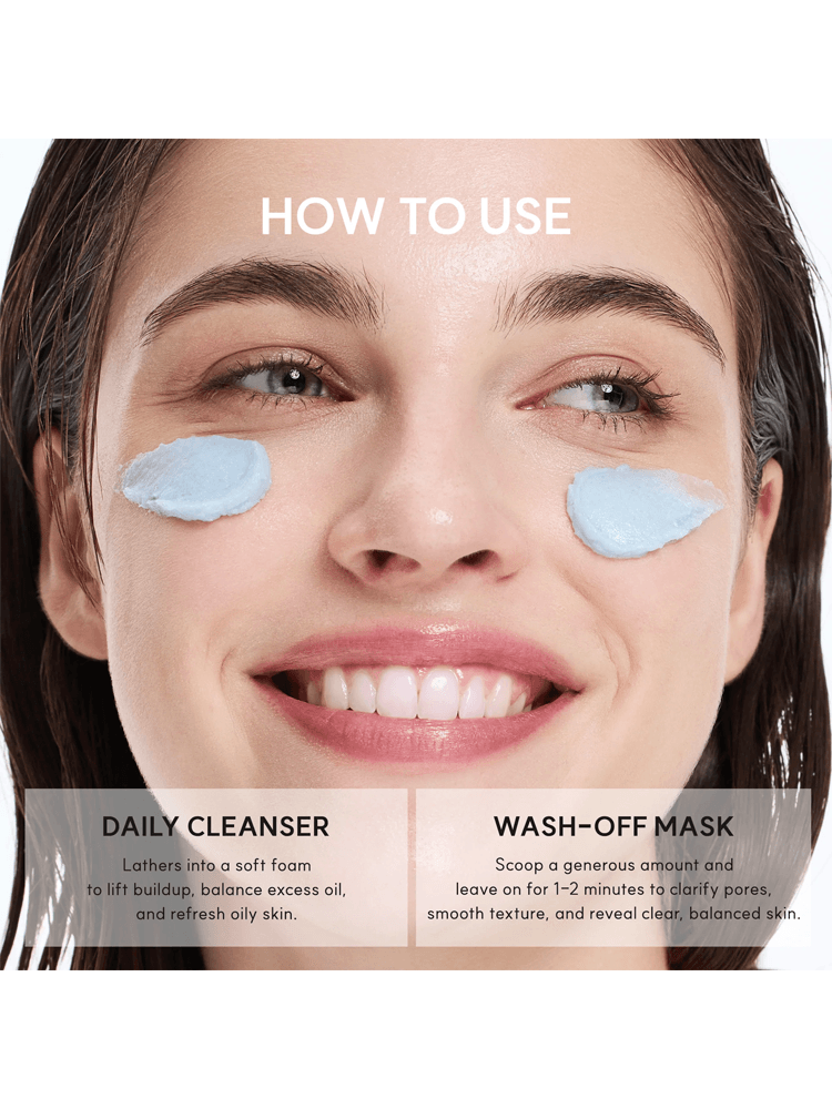 Model demonstrating ARENCIA Blue Hyssop Rice Mochi Cleanser usage as a daily cleanser and wash-off mask.