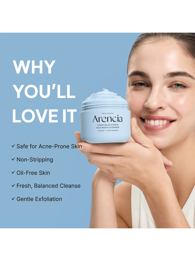 ARENCIA Blue Hyssop Rice Mochi Cleanser benefits, including gentle exfoliation and oil-free cleanse.