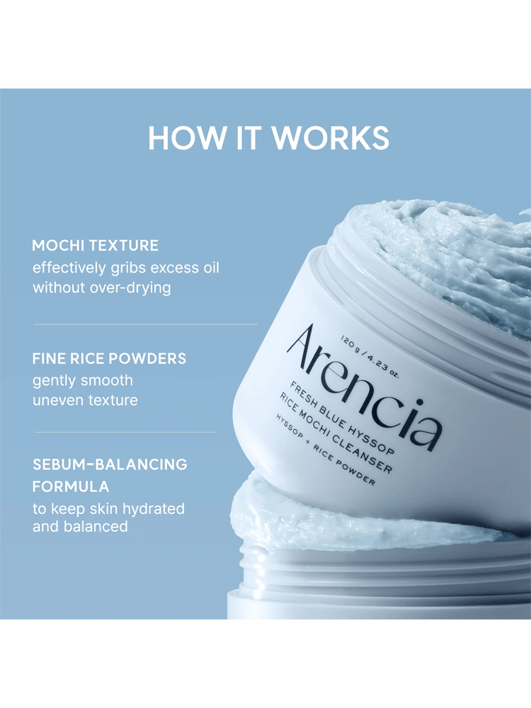 ARENCIA Blue Hyssop Rice Mochi Cleanser showcasing its mochi texture and sebum-balancing formula for smooth skin.
