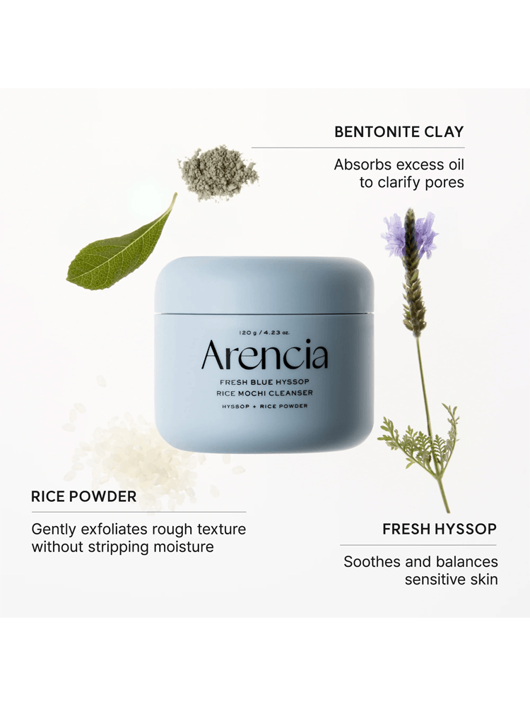 ARENCIA Blue Hyssop Rice Mochi Cleanser with bentonite clay, rice powder, and fresh hyssop ingredients on display.