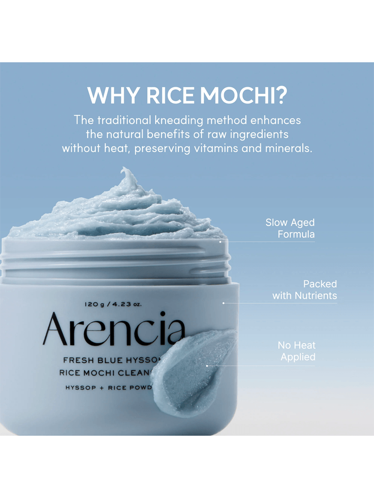 ARENCIA Blue Hyssop Rice Mochi Cleanser features a mochi-like texture that preserves nutrients and enhances skin benefits.