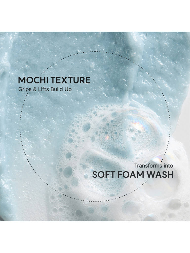 ARENCIA Blue Hyssop Rice Mochi Cleanser showing mochi texture transforming into soft foam wash.
