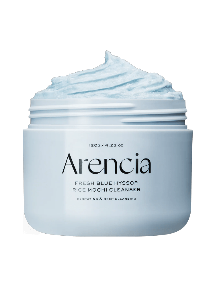ARENCIA Blue Hyssop Rice Mochi Cleanser 120g in a jar with a light blue mochi texture for deep cleansing.