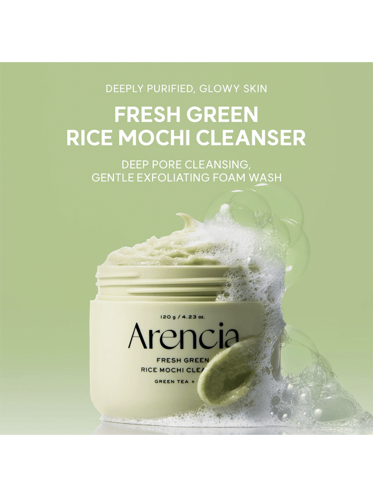 ARENCIA Fresh Green Rice Mochi Cleanser in a jar with foam for deep cleansing and glowing skin.