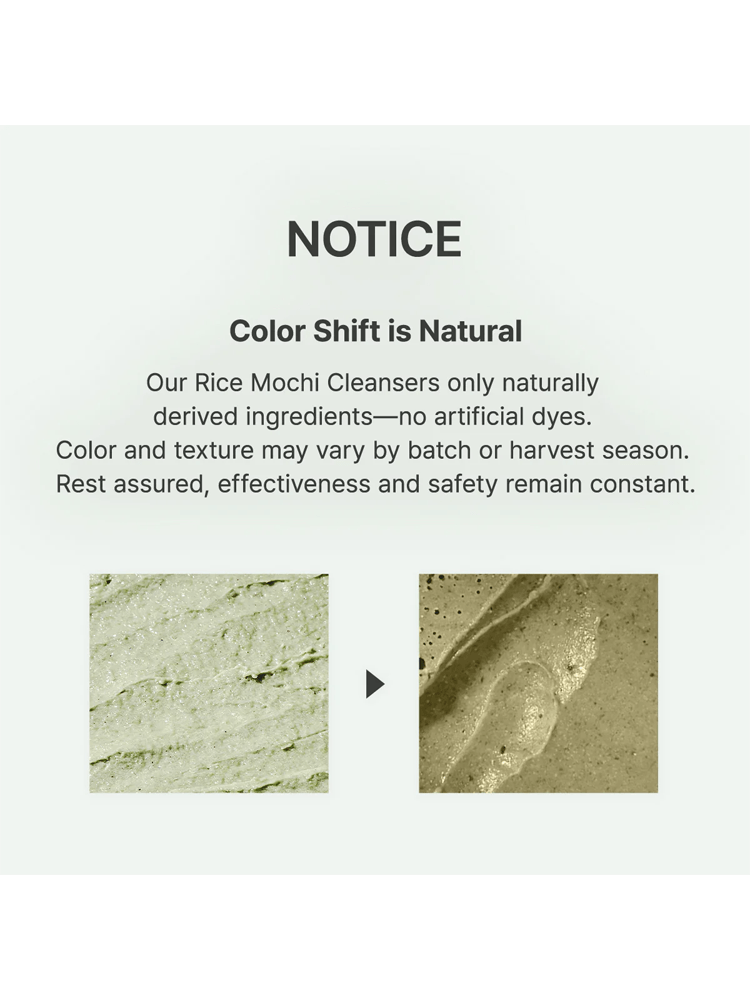 ARENCIA Fresh Green Rice Mochi Cleanser notice on natural color variation and ingredient safety.