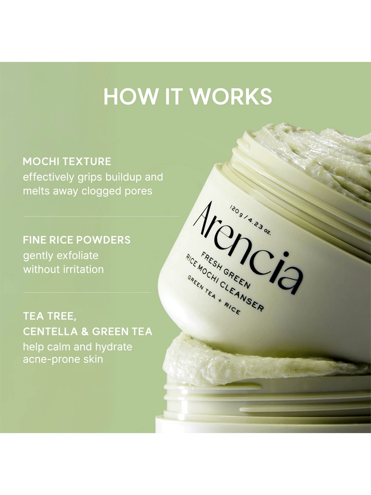 ARENCIA Fresh Green Rice Mochi Cleanser demonstrating mochi texture and fine rice powders for effective cleansing.