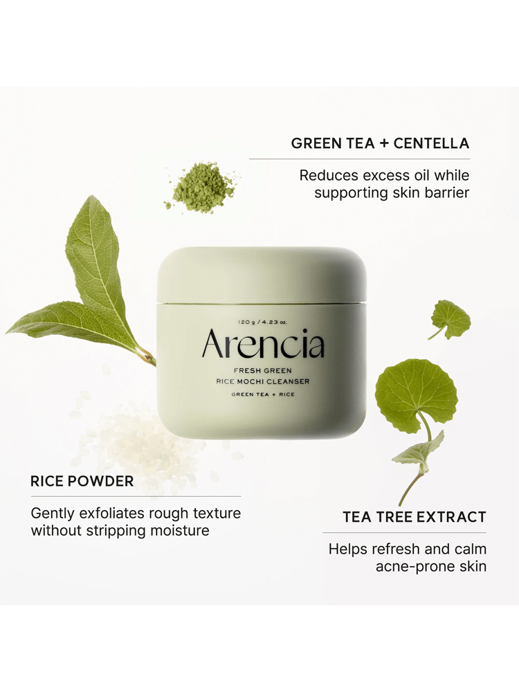 ARENCIA Fresh Green Rice Mochi Cleanser with green tea, rice powder, and tea tree extract ingredients for acne-prone skin.
