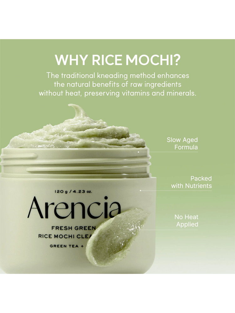 ARENCIA Fresh Green Rice Mochi Cleanser in a jar highlighting its slow aged formula and nutrient-packed benefits.