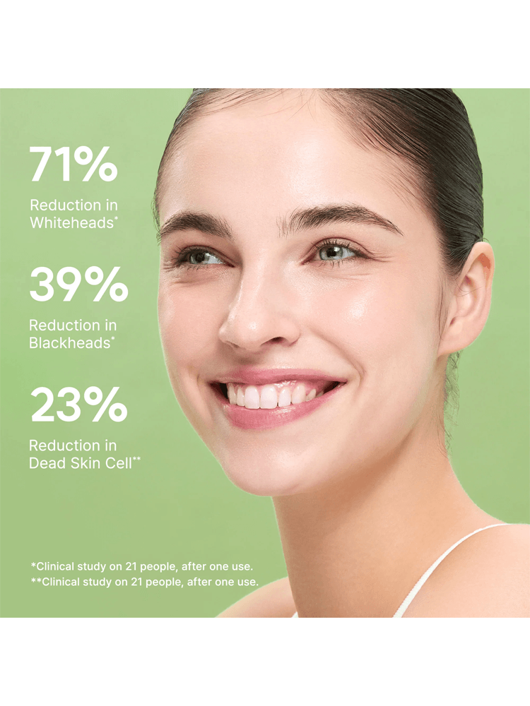 ARENCIA Fresh Green Rice Mochi Cleanser clinical results showcasing reduction in whiteheads, blackheads, and dead skin cells.