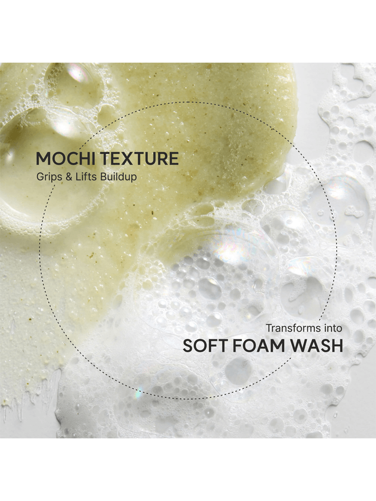 ARENCIA Fresh Green Rice Mochi Cleanser showing mochi texture that transforms into soft foam wash.