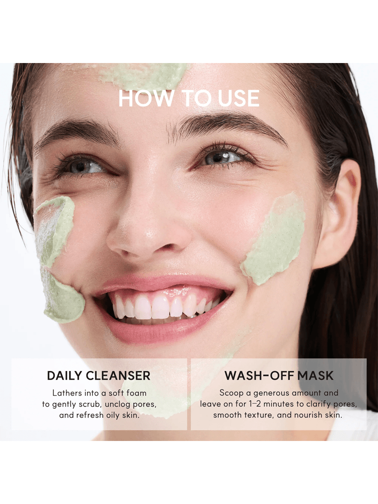 ARENCIA Fresh Green Rice Mochi Cleanser application instructions showing a smiling woman using the product on her face.