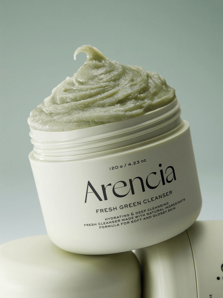 ARENCIA Fresh Green Rice Mochi Cleanser 120g in a jar with a creamy texture, designed for oily and acne-prone skin.
