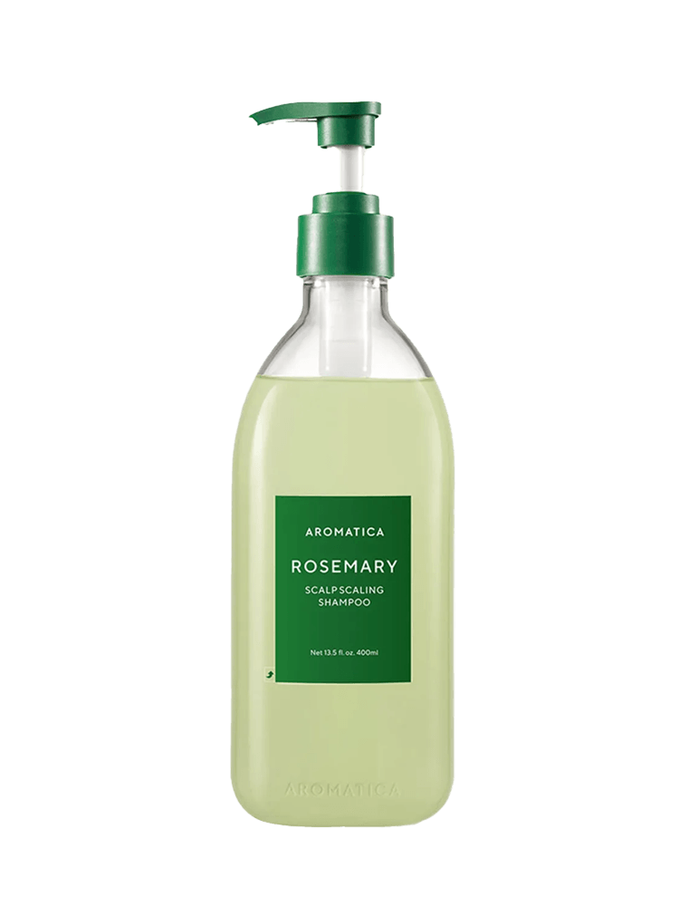 AROMATICA Rosemary Scalp Scaling Shampoo 400ml bottle with pump in green packaging for scalp vitality support.
