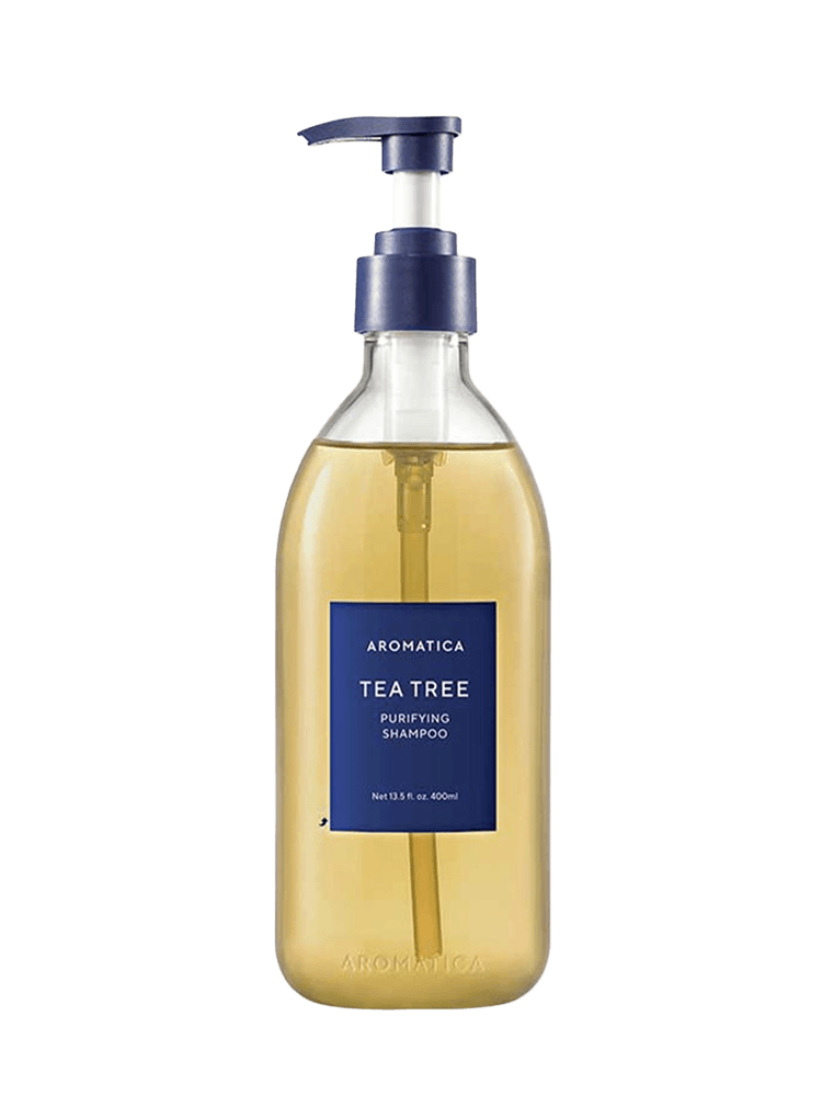 AROMATICA Tea Tree Purifying Shampoo 400ml bottle with pump dispenser for oily, itchy scalp care.