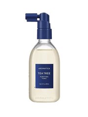 AROMATICA Tea Tree Purifying Tonic 100ml bottle with pump for oily scalp care, featuring a clear liquid and blue label.