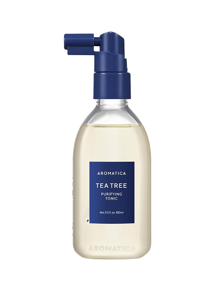 AROMATICA Tea Tree Purifying Tonic 100ml bottle with pump for oily scalp care, featuring a clear liquid and blue label.