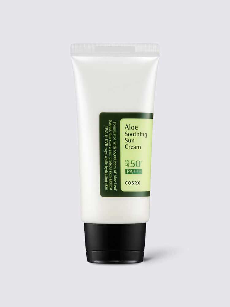 COSRX Aloe Soothing Sun Cream 50ml SPF50+/PA+++ packaging, lightweight daily sun protection for hydrated skin.