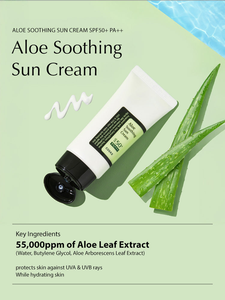COSRX Aloe Soothing Sun Cream 50ml SPF50+/PA+++ with aloe leaf extract designed for UV protection and skin hydration.
