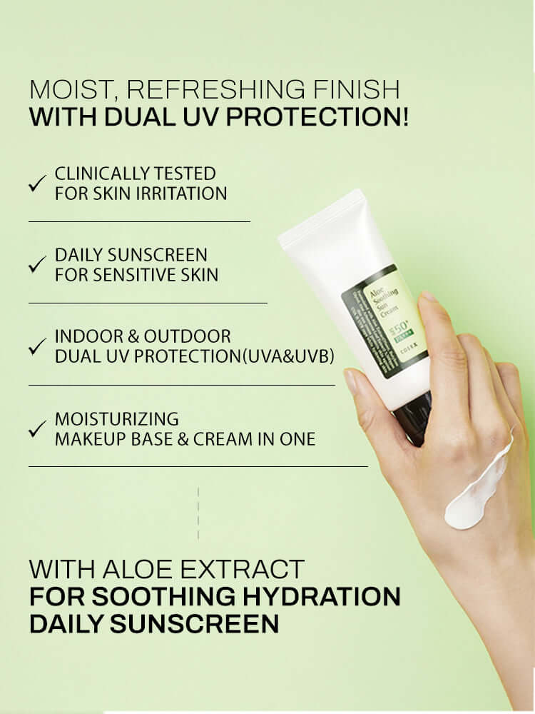 COSRX Aloe Soothing Sun Cream 50ml SPF50+/PA+++ with aloe extract for soothing hydration and dual UV protection.