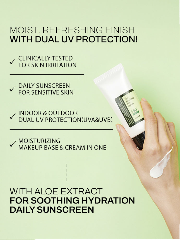 COSRX Aloe Soothing Sun Cream 50ml SPF50+/PA+++ with aloe extract for soothing hydration and dual UV protection.