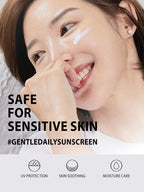 COSRX Aloe Soothing Sun Cream 50ml SPF50+/PA+++ applied on a woman’s face for sensitive skin protection