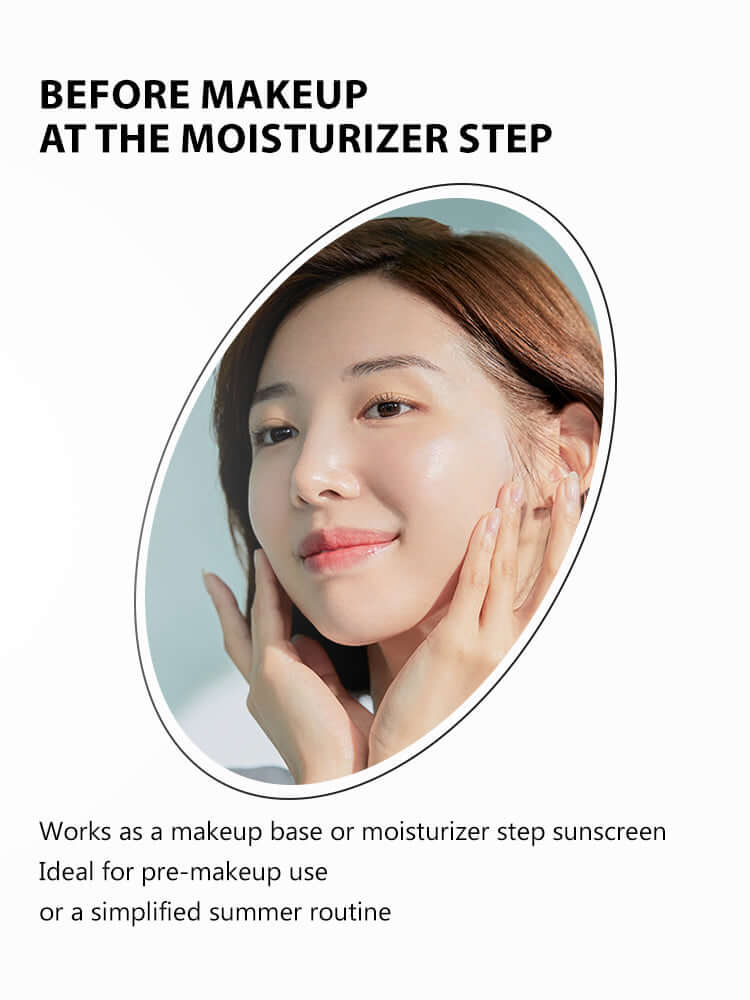 Woman applying sunscreen before makeup with a glowing complexion, promoting sunscreen as a makeup base.