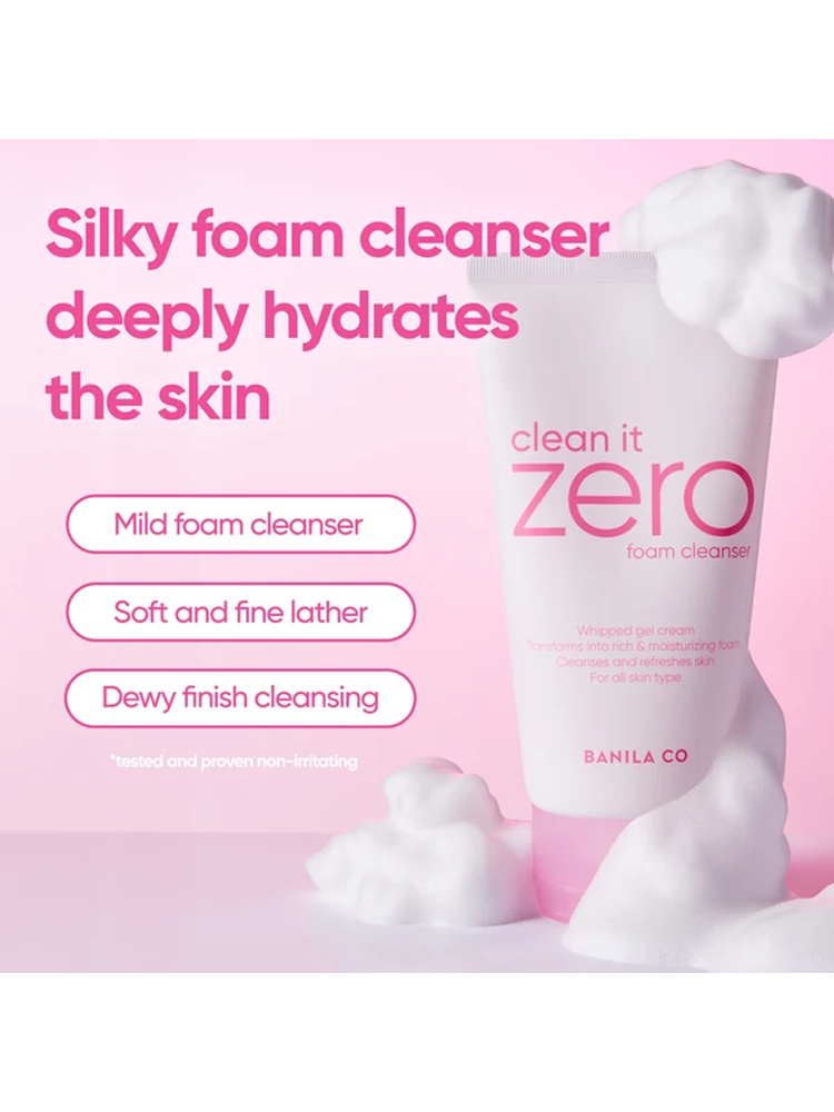 BANILACO Clean It Zero Foam Cleanser packaging with creamy foam and a pink backdrop, suitable for all skin types.