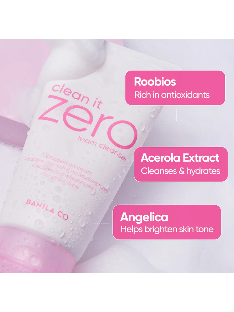 BANILACO Clean It Zero Foam Cleanser highlights benefits of Robios, Acerola Extract, and Angelica for skin care.