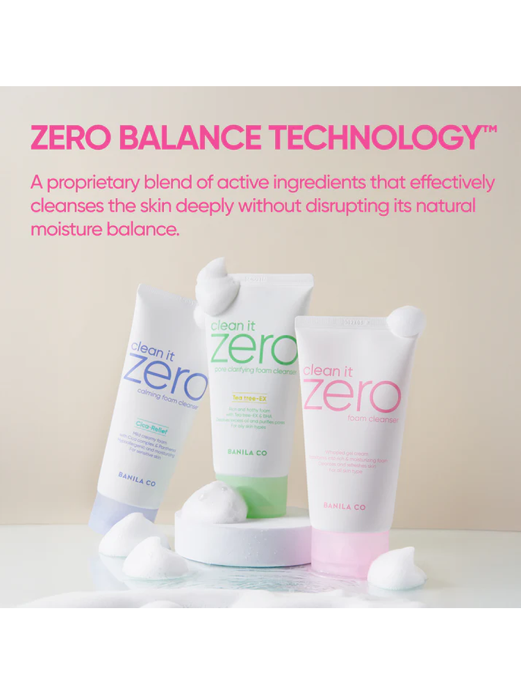 BANILACO Clean It Zero Foam Cleanser showcased with other CLEAN IT ZERO products emphasizing Zero Balance Technology.