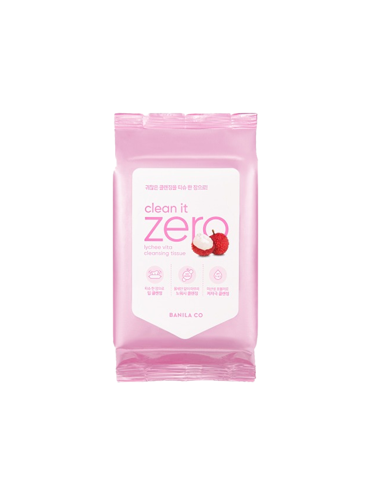 BANILACO Clean It Zero Lychee Vita Cleansing Tissue packaging on a pink backdrop for easy makeup removal.