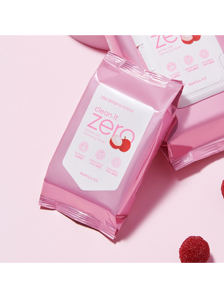 BANILACO Clean It Zero Lychee Vita Cleansing Tissue package on pink background with raspberries.