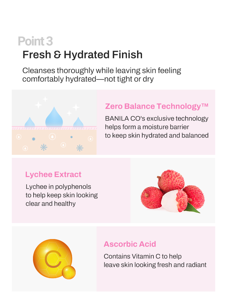 BANILACO Clean It Zero Lychee Vita Cleansing Tissue Fresh & Hydrated Finish description with moisturizing ingredients.
