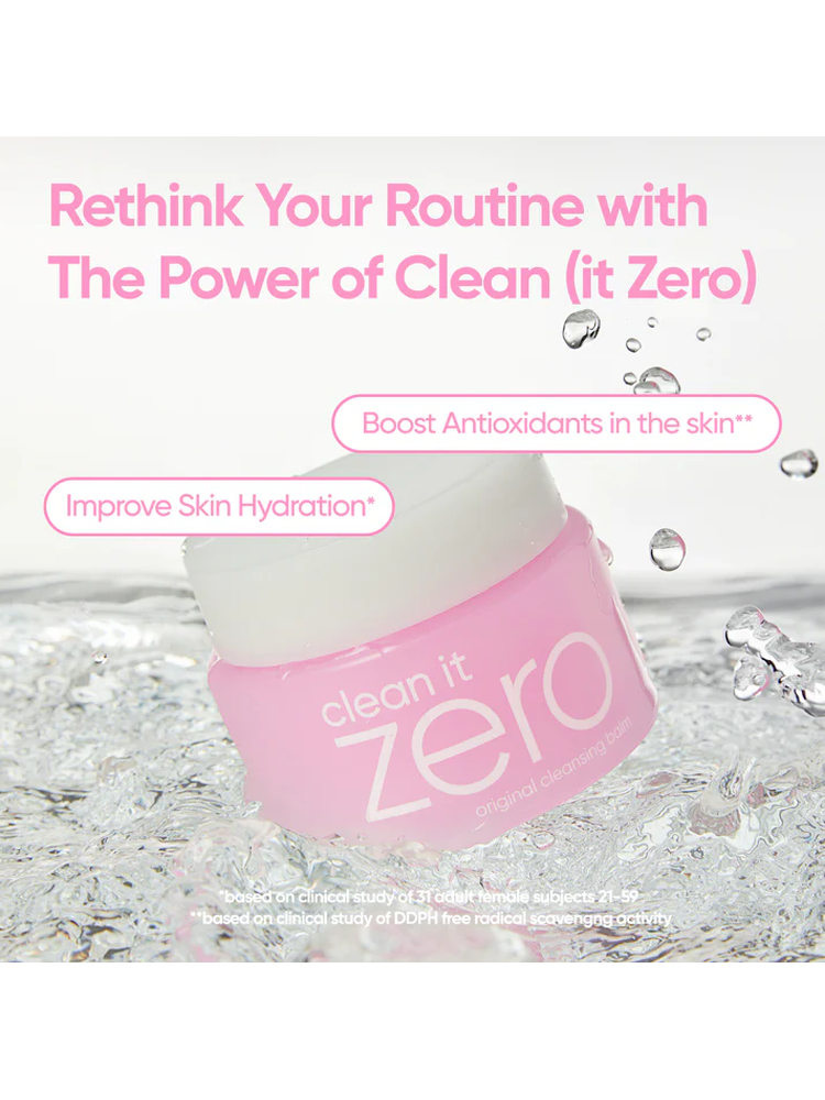 BANILACO Clean It Zero Original Cleansing Balm 180ml in a pink jar, promoting skin hydration and antioxidant benefits.