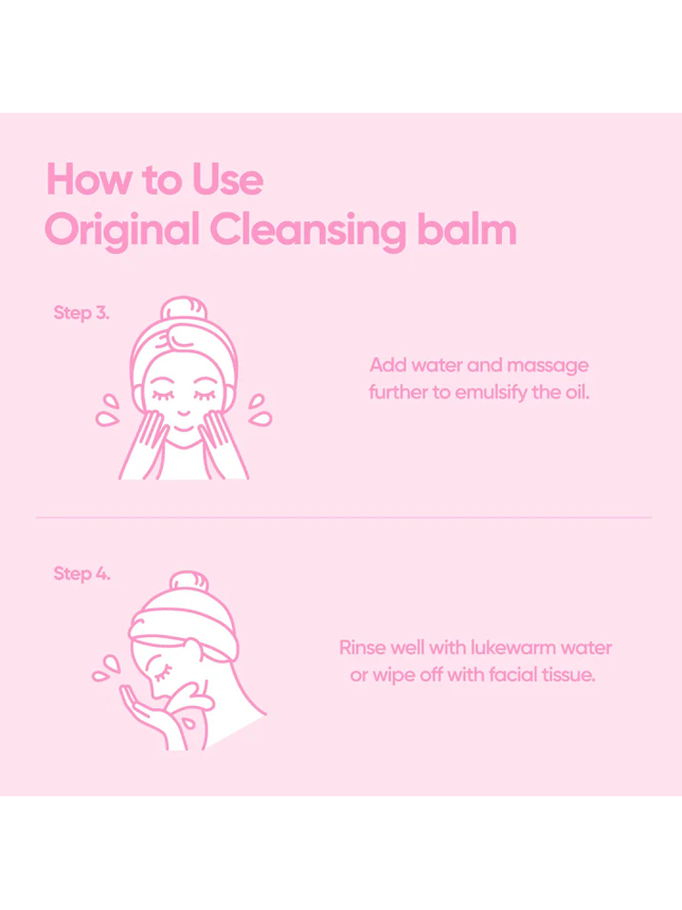 Instructions on how to use BANILACO Clean It Zero Original Cleansing Balm with steps for rinsing.