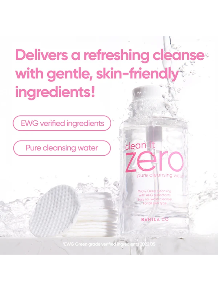 BANILACO Clean It Zero Pure Cleansing Water with cotton pads and water splash, EWG verified ingredients.