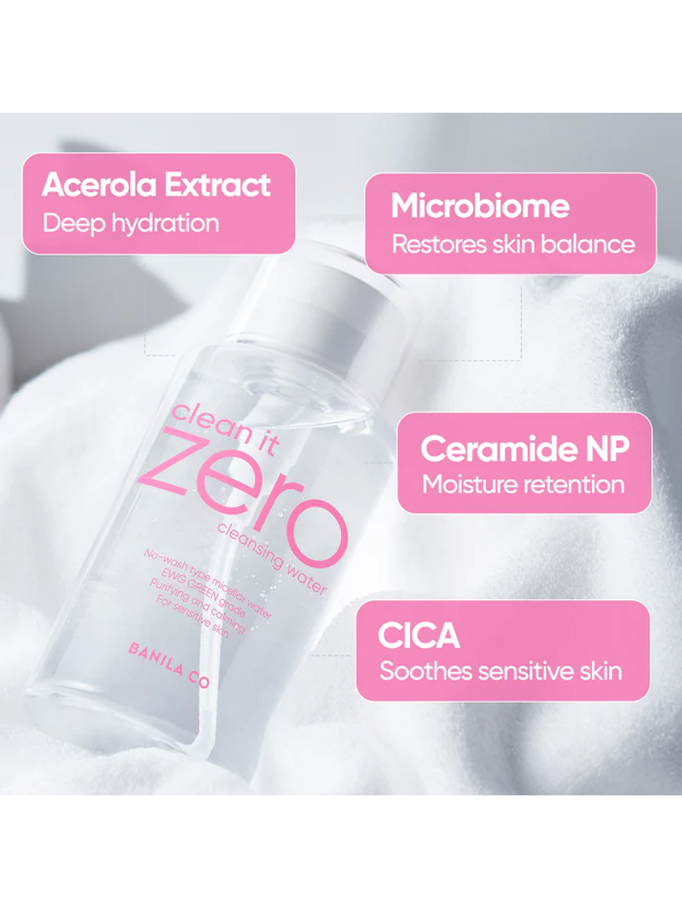 BANILACO Clean It Zero Pure Cleansing Water bottle with labels highlighting acerol extract, microbiome, ceramide NP, and CICA.