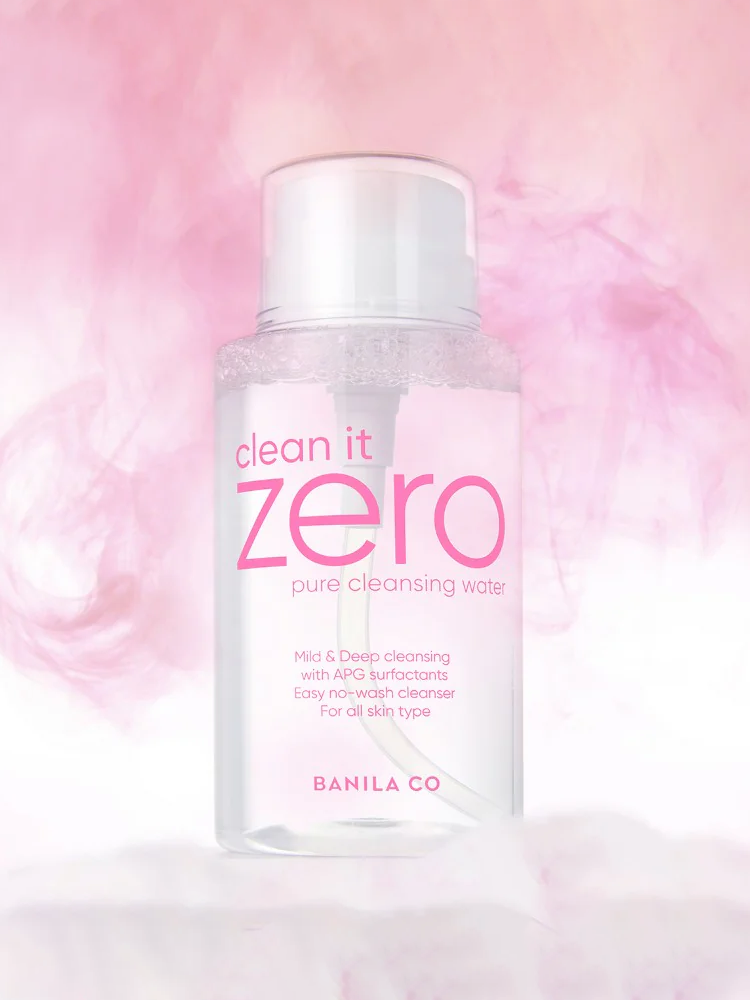 BANILACO Clean It Zero Pure Cleansing Water bottle with pink background for gentle skin cleansing.