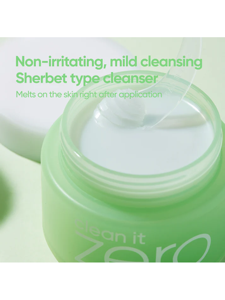 Close-up of BANILACO Clean it Zero Pore Clarifying Cleansing Balm showing the smooth, sherbet-like texture in a green jar.