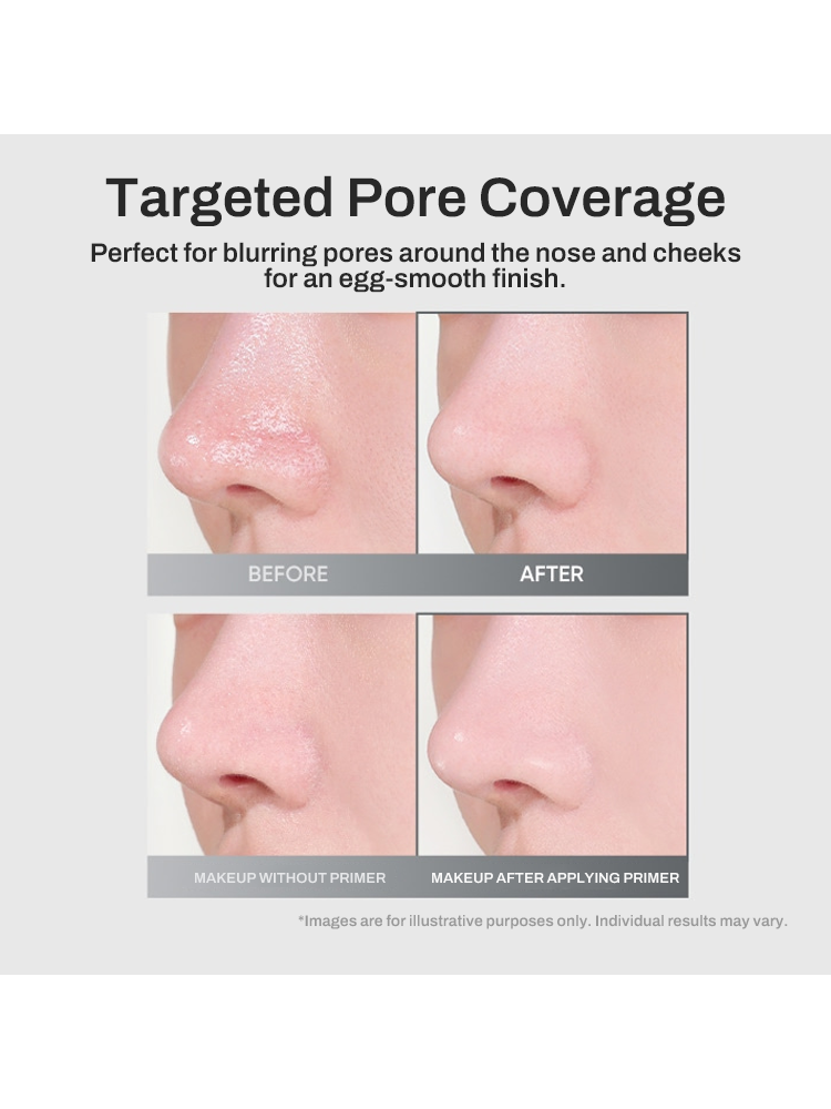 Before and after images showing targeted pore coverage using BANILACO Prime Primer Classic for a smooth makeup finish.