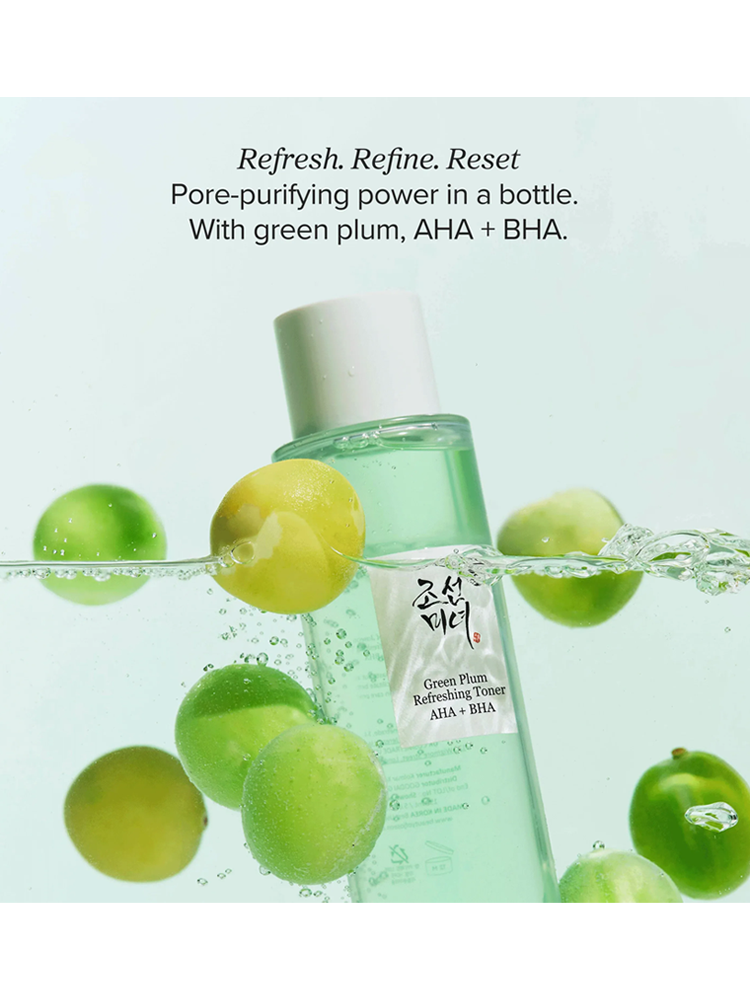 BEAUTY OF JOSEON Green Plum Refreshing Toner : AHA+BHA 150ml in water with green plums for refreshing and pore-purifying benefits.