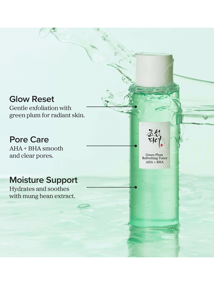 BEAUTY OF JOSEON Green Plum Refreshing Toner : AHA+BHA 150ml with glow reset, pore care, and moisture support benefits.
