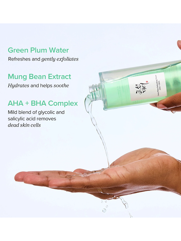 BEAUTY OF JOSEON Green Plum Refreshing Toner being poured over a hand, showcasing its refreshing ingredients and benefits.