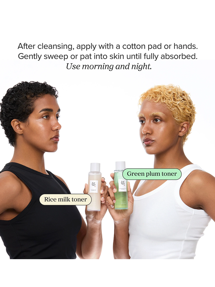 BEAUTY OF JOSEON Green Plum Refreshing Toner : AHA+BHA 150ml shown alongside Rice Milk Toner for skincare application.