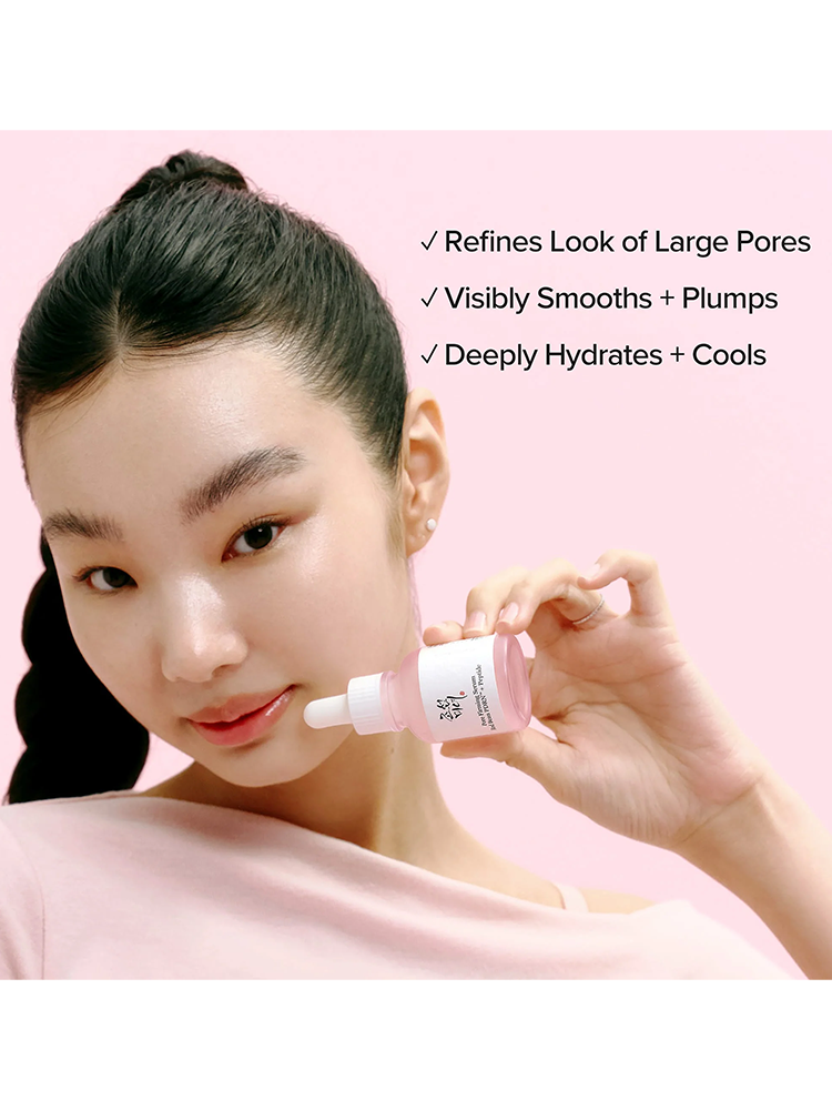 BEAUTY OF JOSEON Pore Firming Serum Red Bean PDRN displayed with model, emphasizing pore refinement and hydration.