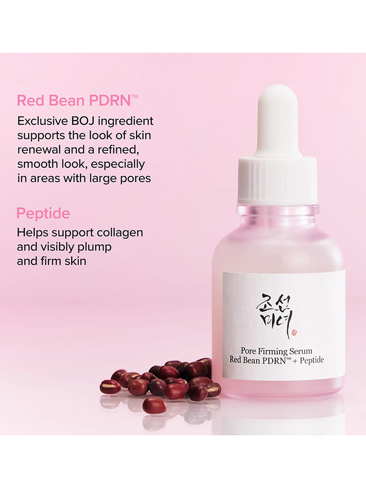 BEAUTY OF JOSEON Pore Firming Serum Red Bean PDRN™+Peptide in a glass bottle with red beans on a surface.