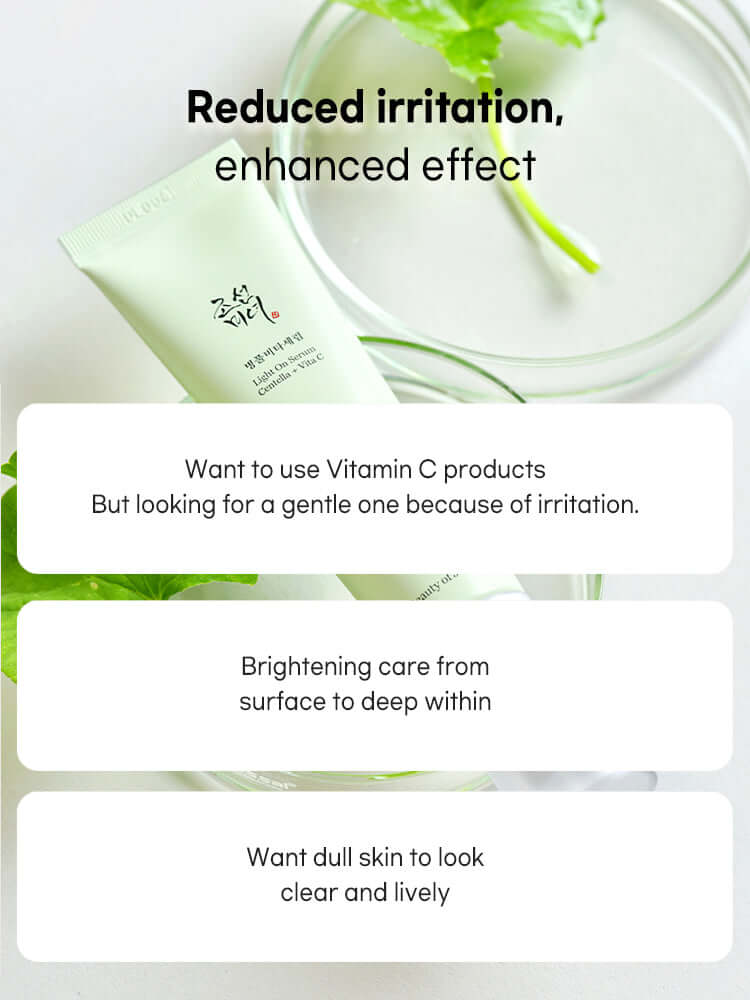 Beauty of Joseon Light On Serum packaging with benefits of reduced irritation and brightening care displayed.