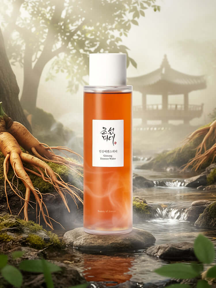 Beauty of Joseon Ginseng Essence Water 150ml in a serene nature setting with ginseng roots and a traditional Asian pagoda.