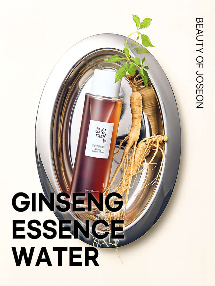 Beauty of Joseon Ginseng Essence Water 150ml displayed with ginseng root on a silver plate.
