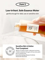 Beauty of Joseon Ginseng Essence Water 150ml in a bottle pouring into a bowl, highlighting low-irritant formula for sensitive skin.